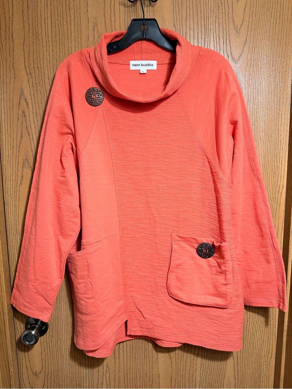 neon buddha Tunic in Orange with Cowl Neck, Pockets and Button Accents